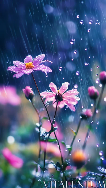 Pink Cosmos Dancing Through Summer Rainfall.