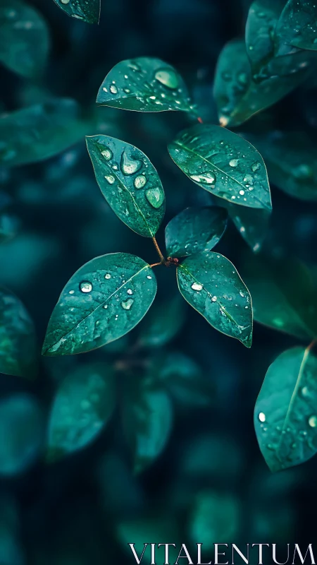 Water droplets rest on green leaves in close-up view
