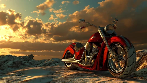 Chromed desert cruiser under volumetric sunset illumination.