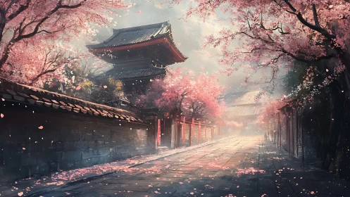 Whispers of sakura drifting through a tranquil temple street.