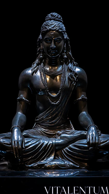 Luminous dark metal deity in serene meditative stillness.
