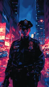 Urban patrol officer in neon-lit nocturnal cityscape. Period.