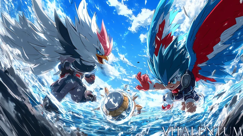 Winged heroes racing through sparkling ocean waves together.