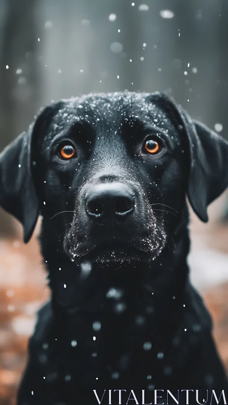 Snow-dusted black dog portrait with vivid amber eyes.