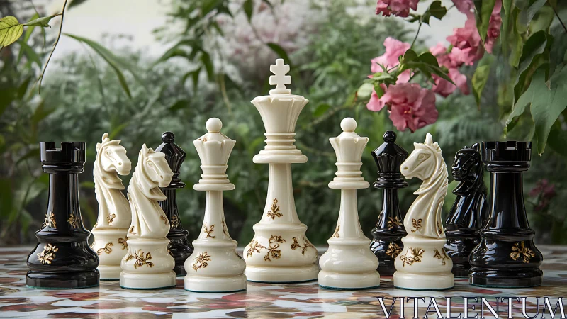 Elegant chess pieces gather gracefully in a lush garden
