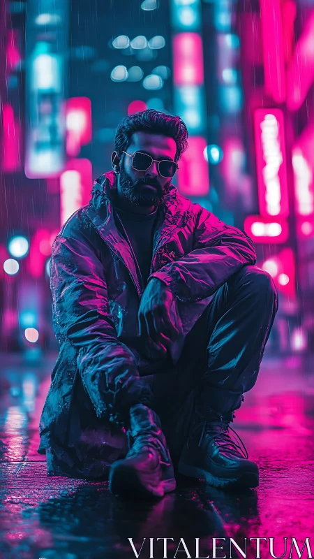 Neon city night portrait with relaxed streetwise style.
