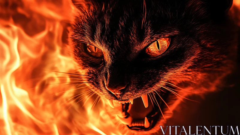 High-contrast fiery close-up of snarling cat with glowing eyes