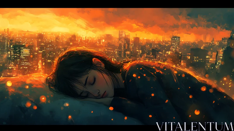 Sleeping girl glows softly above a burning orange cityscape