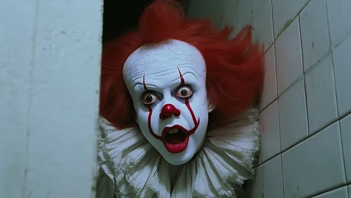 Creepy red haired clown peeking from a narrow tiled corner.