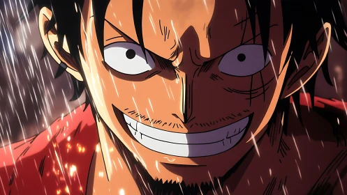 Intense close-up of grinning anime hero under dynamic rain