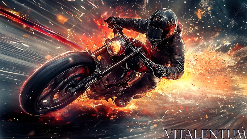 High-speed sport bike rider engulfed in cinematic fire burst.