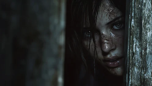 Storm-soaked survivor peers out from the shadows, unbroken.