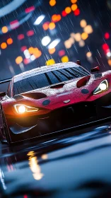 Aerodynamic red GT racer cuts through neon rain at speed