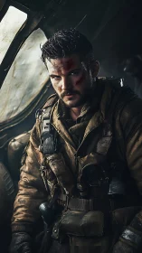 Battle-worn soldier in cockpit under cinematic rim lighting.
