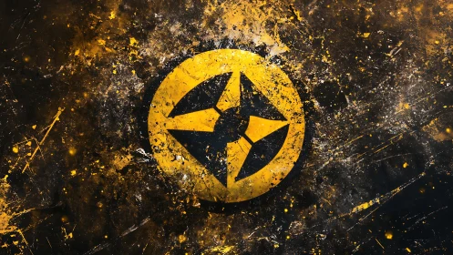 Grunge yellow compass emblem bursts through dark chaos.