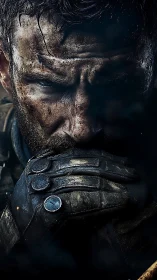 Gritty warrior pauses in silence, gathering hard-won resolve