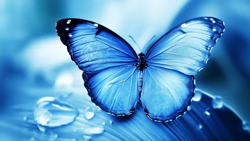 Iridescent blue butterfly poised on dew kissed leaf.
