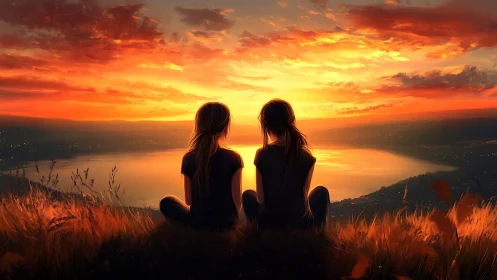 Backlit silhouettes observe panoramic lake under blazing sunset