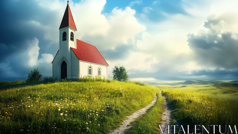 Sunlit country chapel rendered in high-detail digital realism
