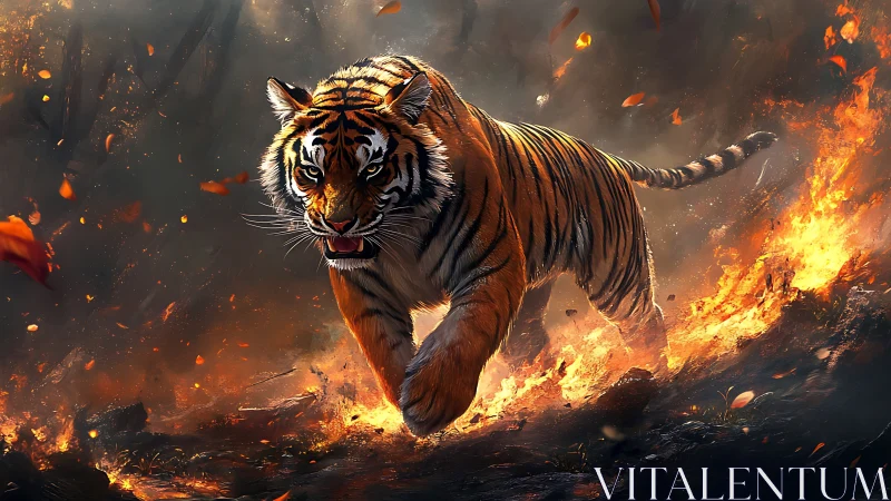 Tiger charges through blazing forest in dramatic firestorm.