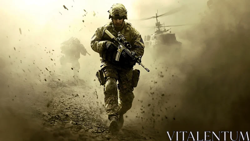 Battle-ready soldier charges through dust-filled warzone.