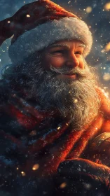 Snowlit Santa portrait wrapped in ember-bright wonder.
