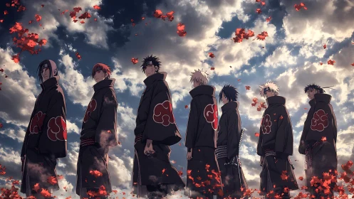 Rogue cloaked warriors stand under stormlit maple sky.