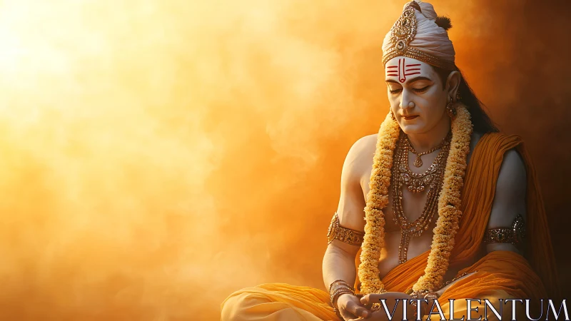 Meditative deity in saffron robes amid radiant golden haze.