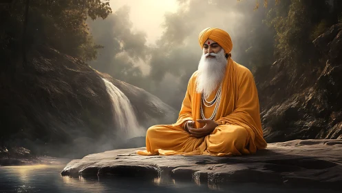 Serene monk in orange robes meditates by misty waterfall