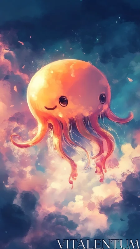 Cute luminous jellyfish drifts through painterly celestial clouds