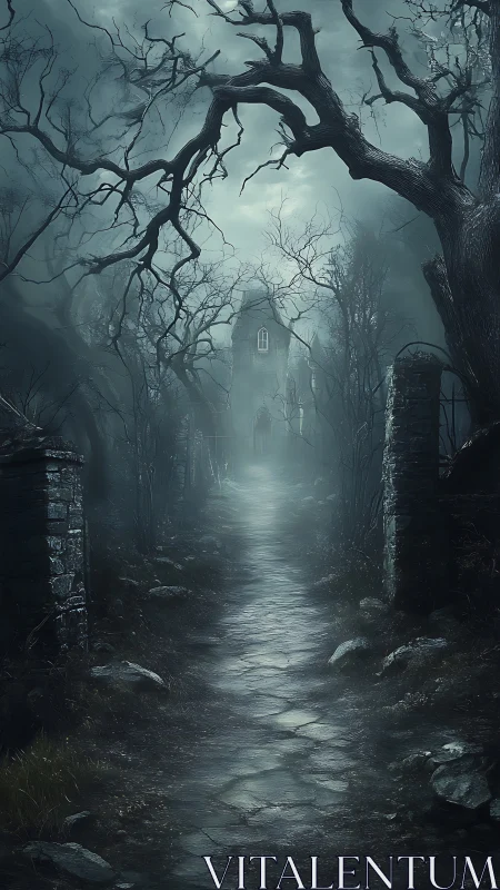 Fogbound haunted path toward distant gothic tower.