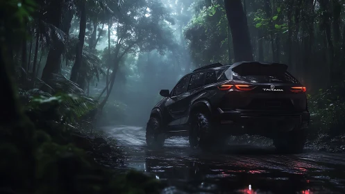 Off road SUV exits misty rainforest trail at dawn