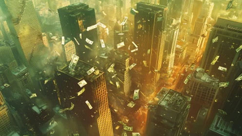 Urban skyscrapers engulfed in storm of floating dollar bills.