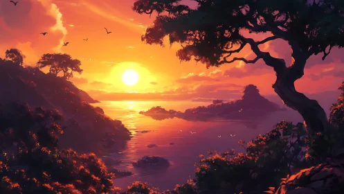 Sunlit tropical bay sunset with silhouetted coastal trees.