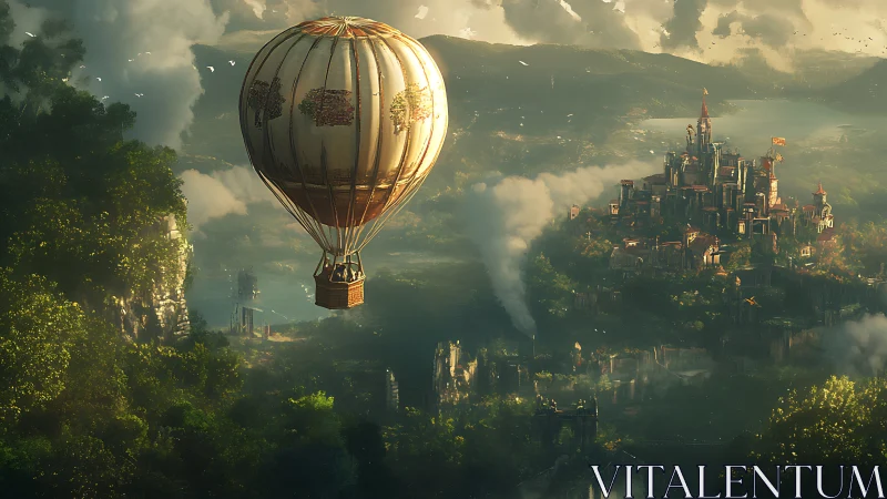 Hot air balloon over dense valley landscape and distant city.