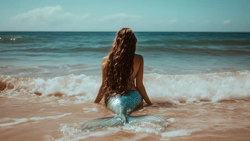 Mermaid with iridescent tail resting in sunlit shore break.