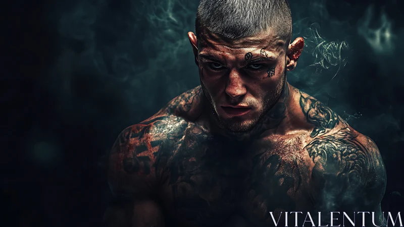 Tattooed muscular man in low key smoky studio portrait.