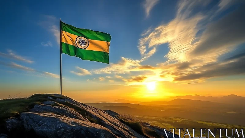 Photorealistic Indian flag over sunlit mountain summit at dawn.
