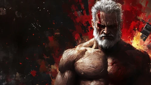 Weathered warrior stands fierce in a storm of painted fire.