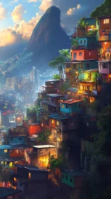 Hillside favela at dusk with glowing windows and neon skyline.