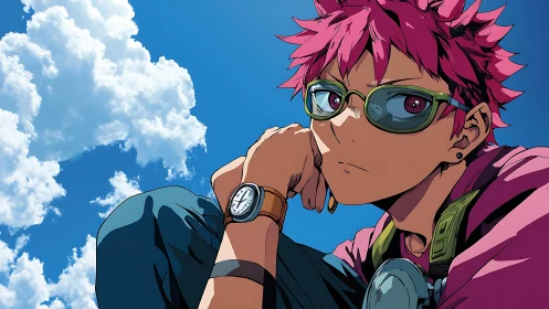 Pink haired anime character with goggles under blue sky.