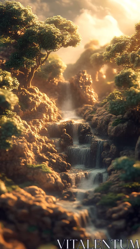 Sunlit terraced waterfall in stylized rocky forest valley.