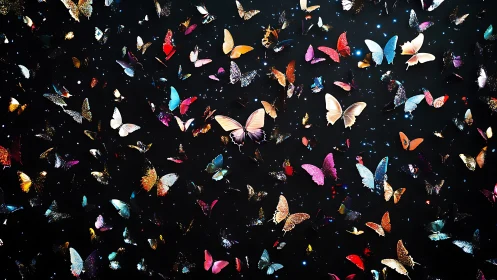 Starlit sky of colorful butterflies drifting in gentle motion.