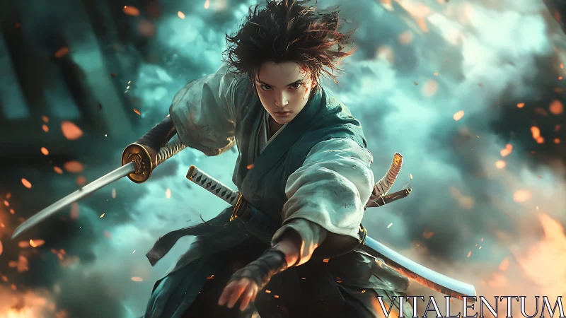 Young samurai warrior lunges forward through burning embers