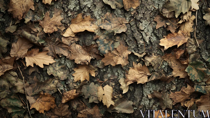 Dry oak leaves layered against rugged tree bark texture.