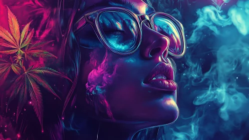 Neon-lit woman exhaling psychedelic smoke in vapor haze.