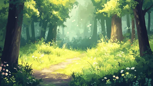 Forest pathway through sunlit woodland clearing.