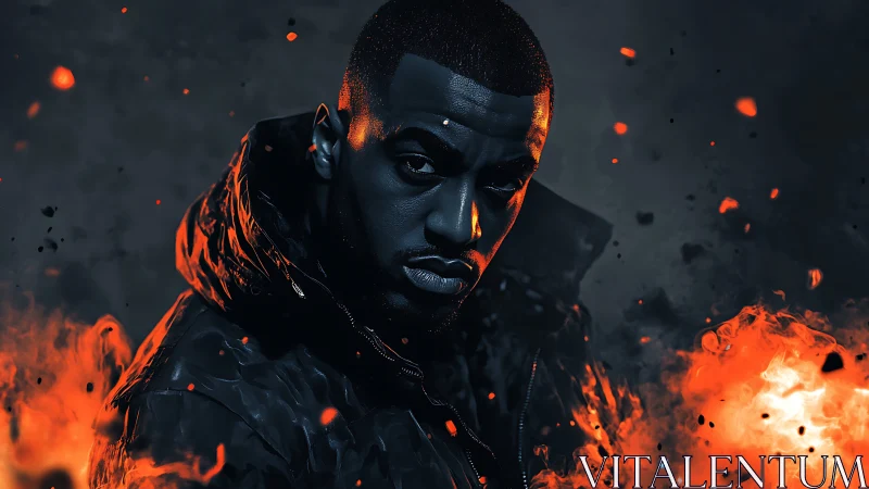Moody portrait of man amid glowing embers and rising flames