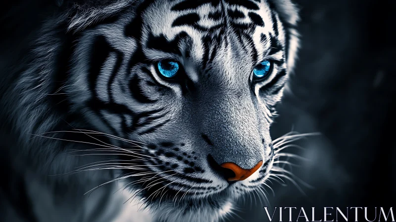 Hyperreal blue eyed white tiger portrait in cool contrast lighting