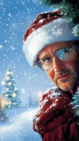 Man in Santa hat looks from behind tree in snowy scene